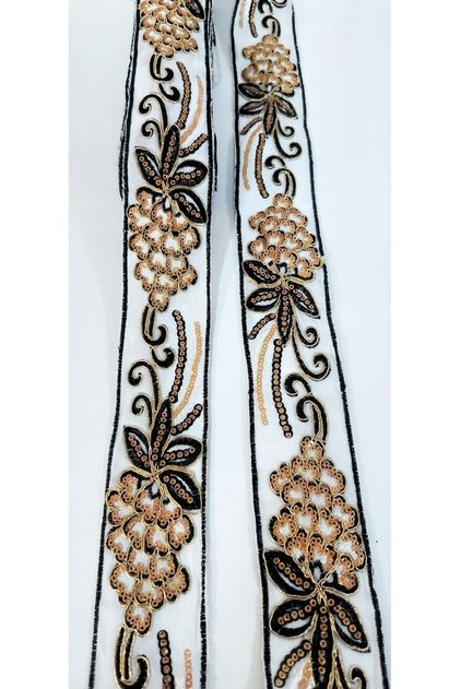 White Black Floral Embossed Corded Gold Sequin Ribbon