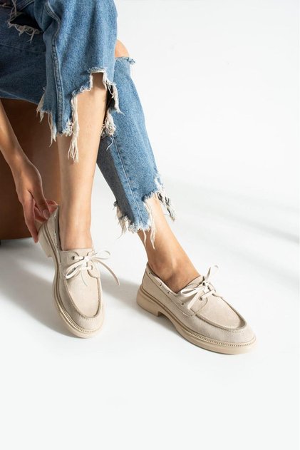 Bernard Beige Suede Flat Sole Lace-Up Women's Ballerinas