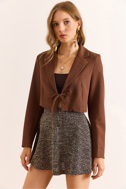 Women's Brown Lined Lace-Up Detailed Crop Blazer Jacket Ckt-19000464
