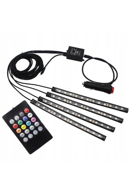 Set of 4 strips with 12 LEDs for car interior lighting, Zola®, with remote control, 8 light colours