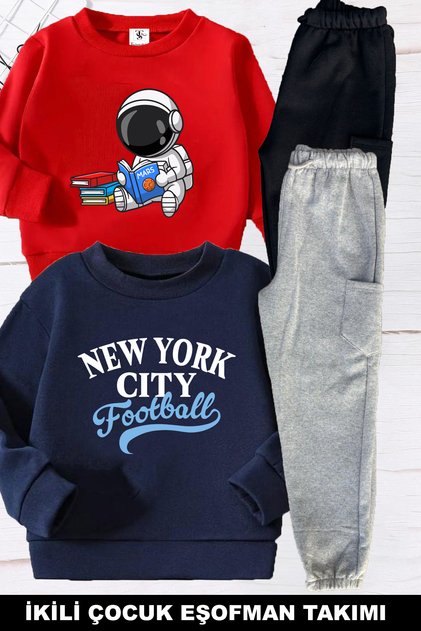 Football and Astronaut Printed 2-Piece Pack Navy Blue-Red Unisex Children's Tracksuit Set with Inner Lining