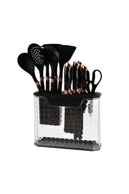 Set 16 Piese Ustensile Bucătărie din Silicon & Set Cuțite cu Suport - Design Modern, Multifuncțional
