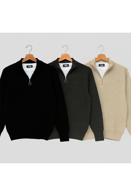 3-Piece Advantageous Set with Zipper, Stand-Up Collar, Regular Fit, Thick Cotton, Selanik Knitted Tricot Sweater