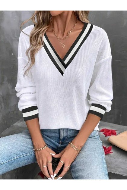Women's V-Neck Stripe Detailed Waffle Blouse