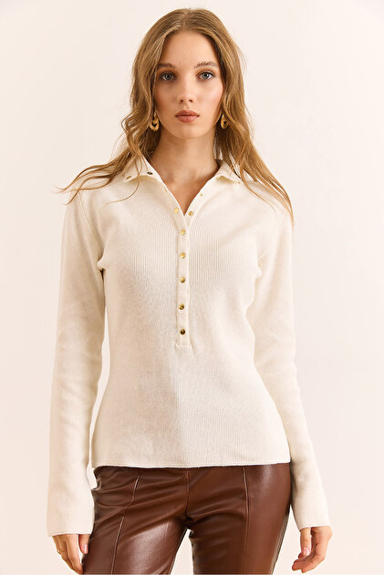 Olalook Women's Ecru Stand Collar Snap Fastener Soft Textured Knit