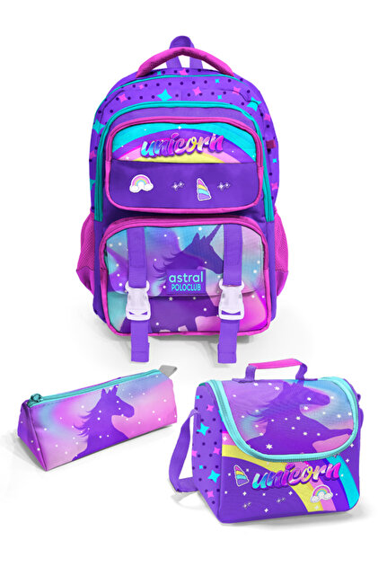 【NEW】入園入学3点セット　星座とユニコーン　パープルフリル Astral Polo Club Unicorn Desenli Beş Bölmeli 3'lü Okul Çanta Seti