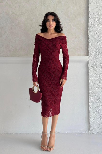 Burgundy Madonna Collar Lined Lace Dress