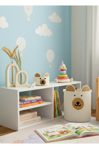 Cute Bear Face Jute Natural Soft Textured Basket Decorative Large Volume 2-Piece Set (Name Can Be Written)