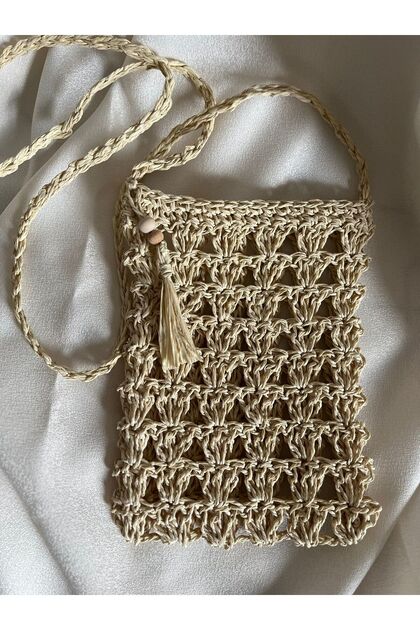 Light Straw Color Straw Phone Bag - 13X20 cm Stylish Decorative Phone Friendly