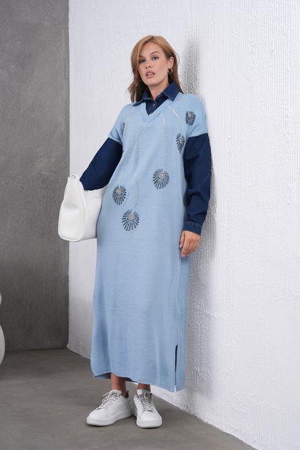 Women's Sleeves Denim Front Beading Wide Fit Long Knitwear Dress