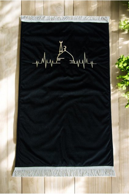 Mosque Nebevi Embroidered Velvet Prayer Rug Black