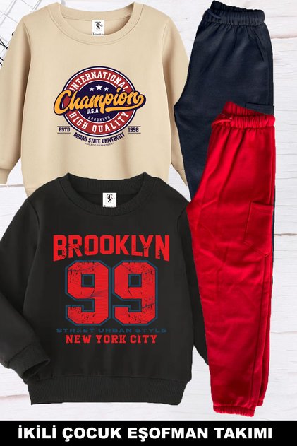Brooklyn 99 Printed Inner Layered 2-Piece Pack Beige-Black Unisex Children's Tracksuit Set