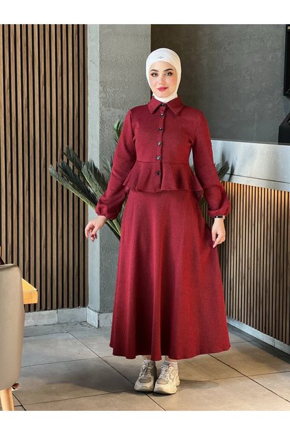 44122 - Pamuklu Kaşe Tesettür İkili Takım Bordo B-1