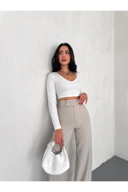Women's Pocketless Woven Fabric Pants with Snap Buttons at the Waist, Loose Legs, Wide Leg Model
