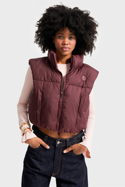Women's Burgundy Color W5-35 Inflatable Inner Padded Zero Sleeve Side Pocket Crop Inflatable Vest