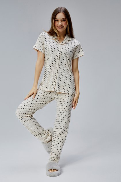 Women's 100% Cotton Printed Pajama Set Short Sleeve Long Bottom Buttoned Summer