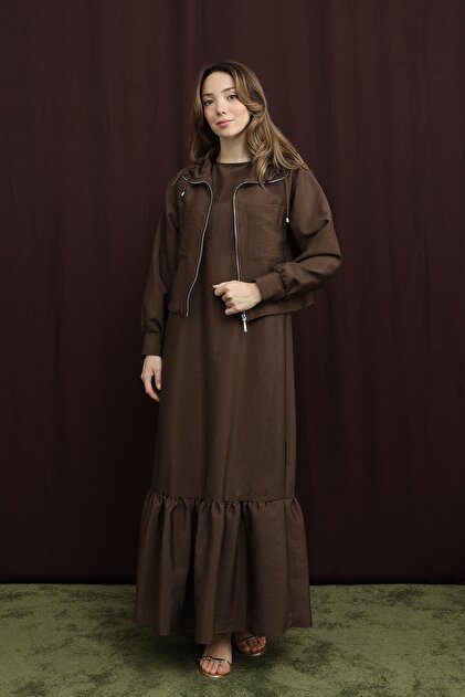 Puane Kadın Crop Ceket Detaylı İkili Elbise - 12651TKS - BROWN