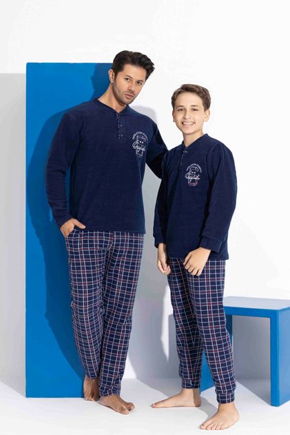 Men's Navy Blue Plaid and Square Pattern Long Sleeve Father-Son Fleece Fabric Winter Warm Pajama Set