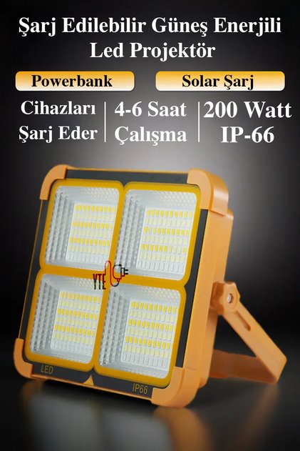 Şarjlı Güneş Enerjili Led Projektör Kamp Modu 4 Renk Işık SOS Işık 200 Watt