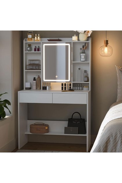 Masă de toaletă cu oglindă, iluminare LED reglabilă, 2 sertare, 90x40x145cm, albă