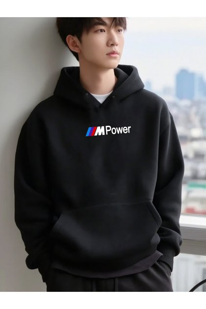 Erkek Siyah Kapüşonlu Oversize Sweatshirt Mpower Baskılı