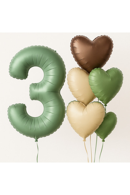 Sage Green Number Balloon 5 Pieces Heart Balloon 3 Years Old