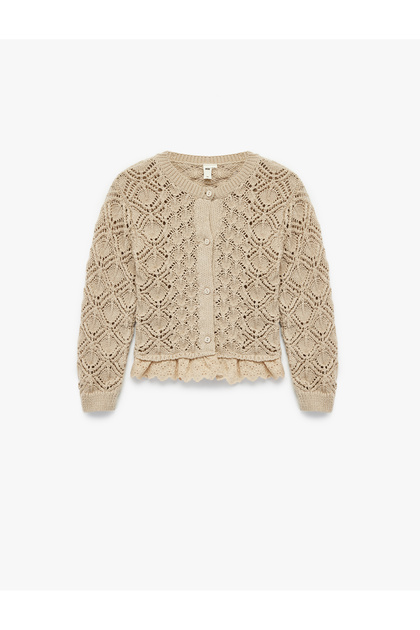 Long Sleeve Openwork Ruffled Buttoned Crew Neck Knitwear Cardigan