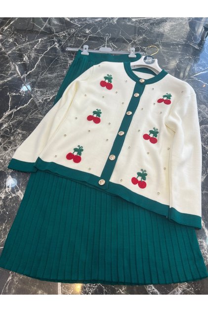 Set de tricotaje pentru femei, cu broderie cireș, cardigan cu fustă, set de sus și de jos, verde