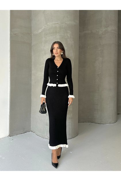 Set elegant tricotat pentru femei, negru, cu bluză și fustă cu volane, reiat, mărimea S