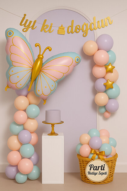 Butterfly Themed Birthday Balloon Set Pink Lilac Blue Pastel | Gold Star Foil and Happy Birthday