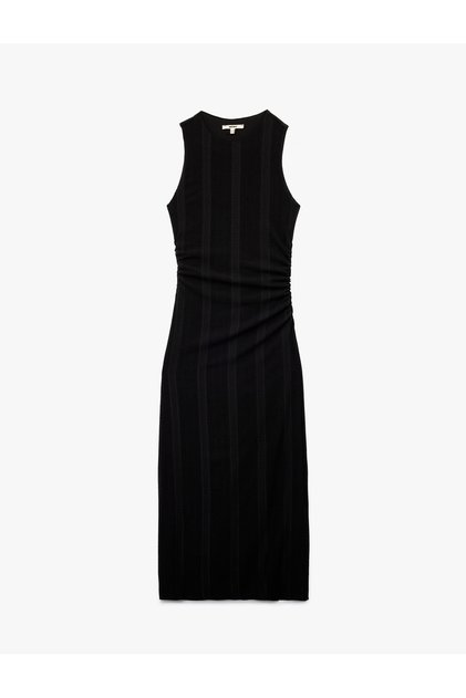 Sleeveless Slim Fit Crew Neck Striped Midi Shirred Dress
