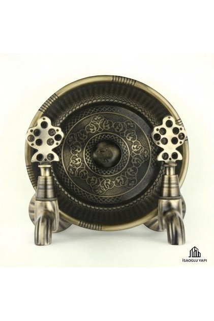 Kurna Muslukları Seti Eskitme Gold Kurna Seti 2 Adet Antik Gold Musluk 1 Adet Ağır Hamam Tası