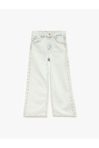 Cotton Regular Waist Staple Detail Wide Leg Denim Trousers - Wide Leg Jeans