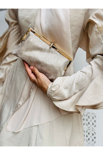 Stone Detailed Wavy Women's Portfolio Cutch Evening Dress Bag