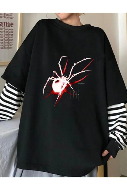 Spider Printed Unisex Fake Long Sleeve Black T-Shirt