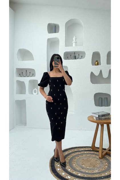 Square Neck Balloon Sleeve Pearl Detail Slit Midi Length Crepe Dress