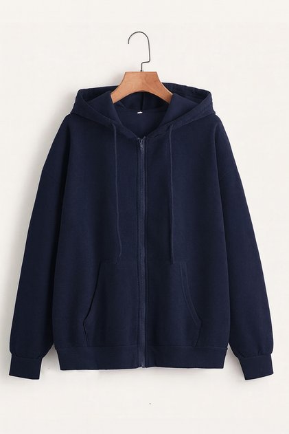 Unisex Navy Blue Zippered Hooded Cardigan Jacket Sweatshirt