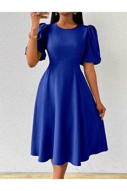 Women's Balloon Sleeve Midi Length Flared Dress