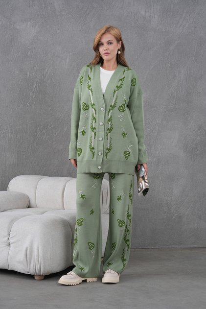 Women's Beaded Embroidered Wide-Fit Knit Cardigan and Pants Top and Bottom Set