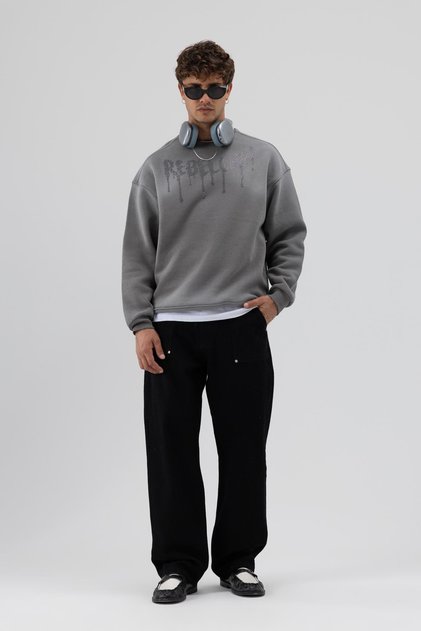 Yıkamalı Oversize Baskılı Sweatshirt Siyah