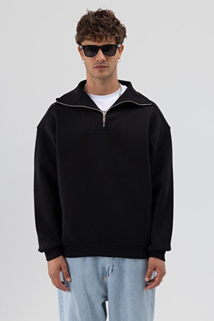 Basic Fermuarlı Dik Yaka Sweatshirt Siyah