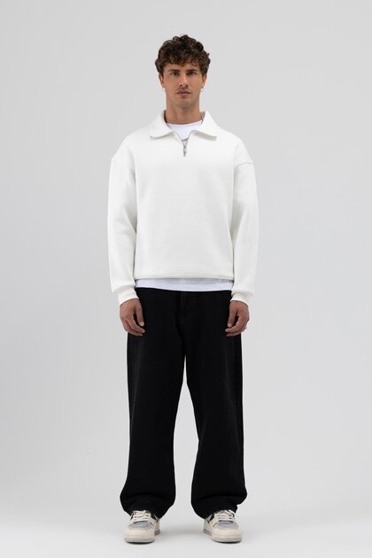 Oversize Zippered Stand Collar Sweatshirt Ecru