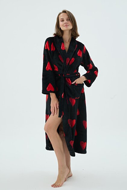 Sevim Women's Black Red Heart Patterned Fleece Long Dressing Gown C0T0N371- Trendyol Sevim Women's Black Red Heart Patterned Fleece Long Dressing Gown C0T0N371- Trendyol