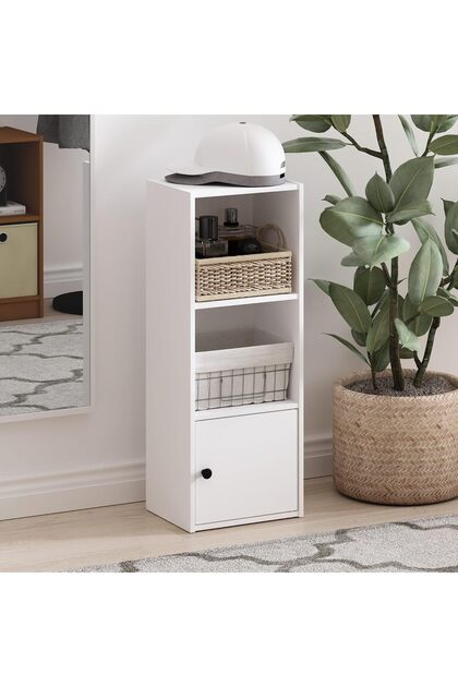 3-Shelf Bookcase with 1-Door Cabinet – White Wooden Storage & Display Unit