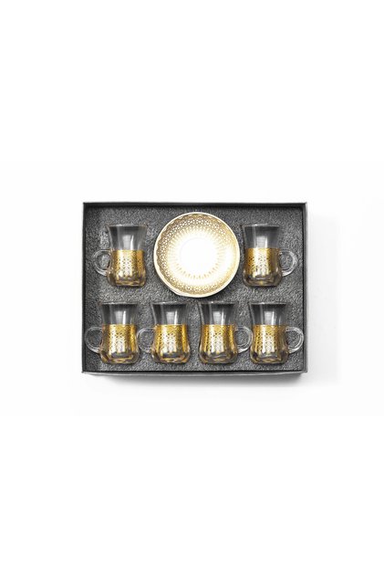 12-piece tea set consisting of 6 clear glass teacups and 6 saucers made of ceramic with distinctive modern patterns
