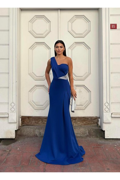 Rochie de seară din țesătură elastică pentru scuba, cu pietre aplicate în față 583324 SAKS