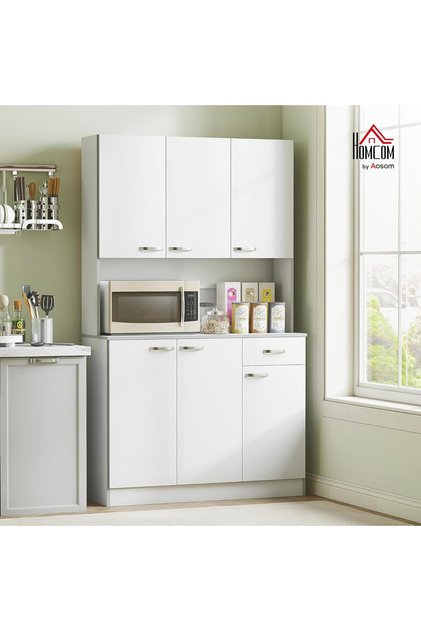 White Kitchen Pantry Hutch – Freestanding Food Storage Cabinet with Microwave Nook