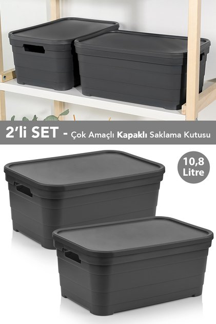 2 Decorative Pyramid Storage Boxes with Lids - Closet Organizer 10.8 Liters Anthracite