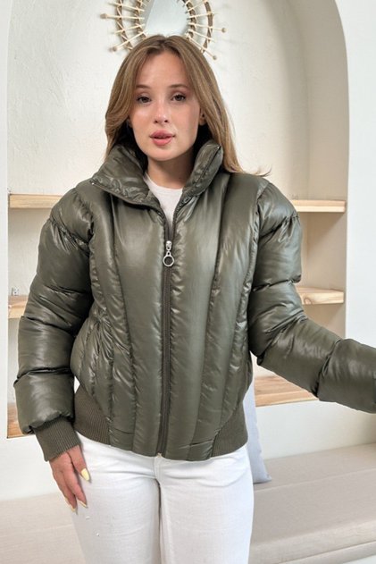 Women's Shiny Fabric Short Length High Collar Zippered Trendy Puffer Coat