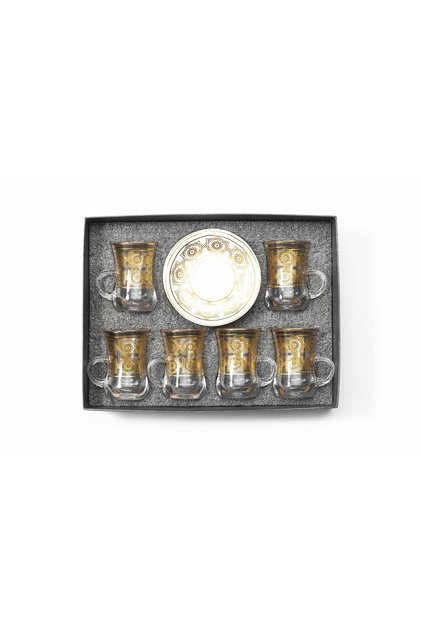 12-piece tea set consisting of 6 clear glass teacups and 6 saucers made of ceramic with distinctive modern patterns